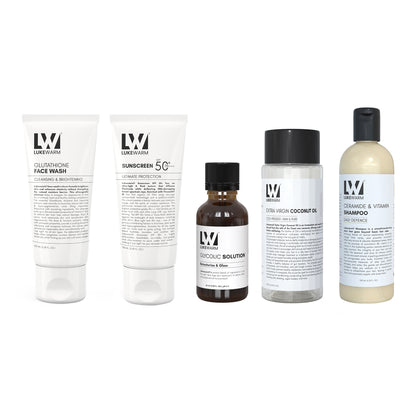 Lukewarm Face Wash, Sunscreen, Extra Virgin Coconut Oil, Glycolic Solution and Ceramide & Vitamin Shampoo : A Complete Head-to-Toe Therapy Pack to Elevate your Skin & Hair Care
