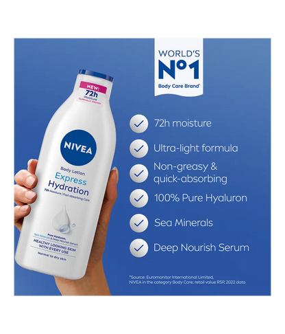 NIVEA body lotion bottle with product features on a blue background