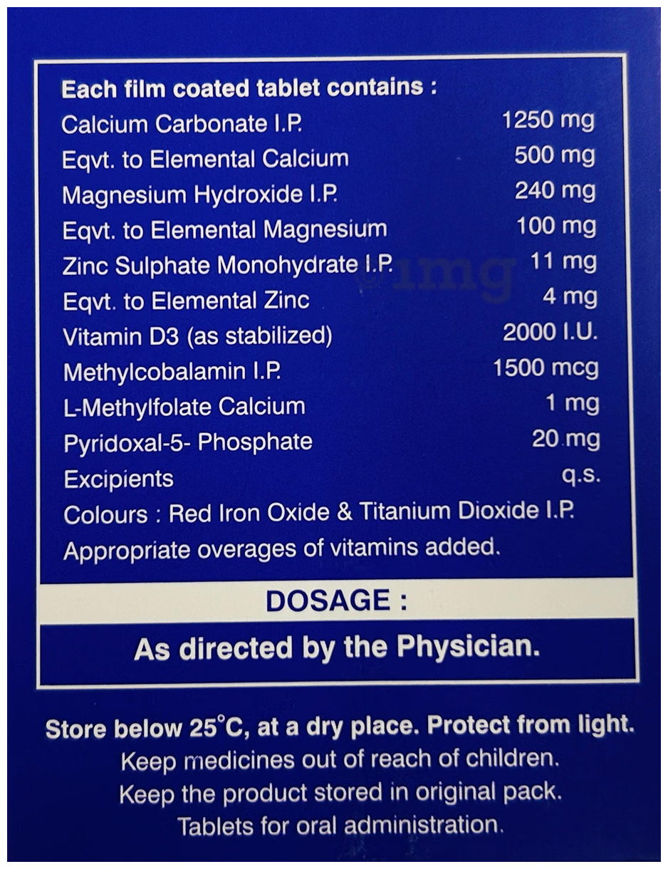 Nutritional supplement label with detailed ingredient list and storage instructions on a blue background.