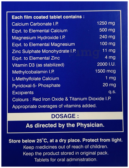 Nutritional supplement label with detailed ingredient list and storage instructions on a blue background.