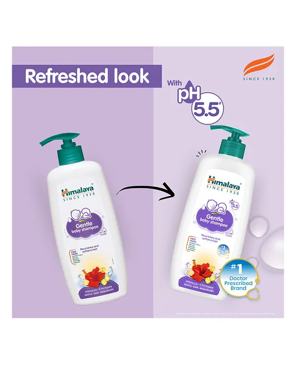 Himalaya Gentle Baby Shampoo bottles with a refreshed look on a purple background
