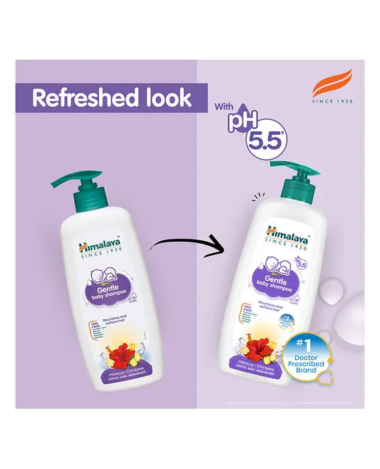 Himalaya Gentle Baby Shampoo bottles with a refreshed look on a purple background
