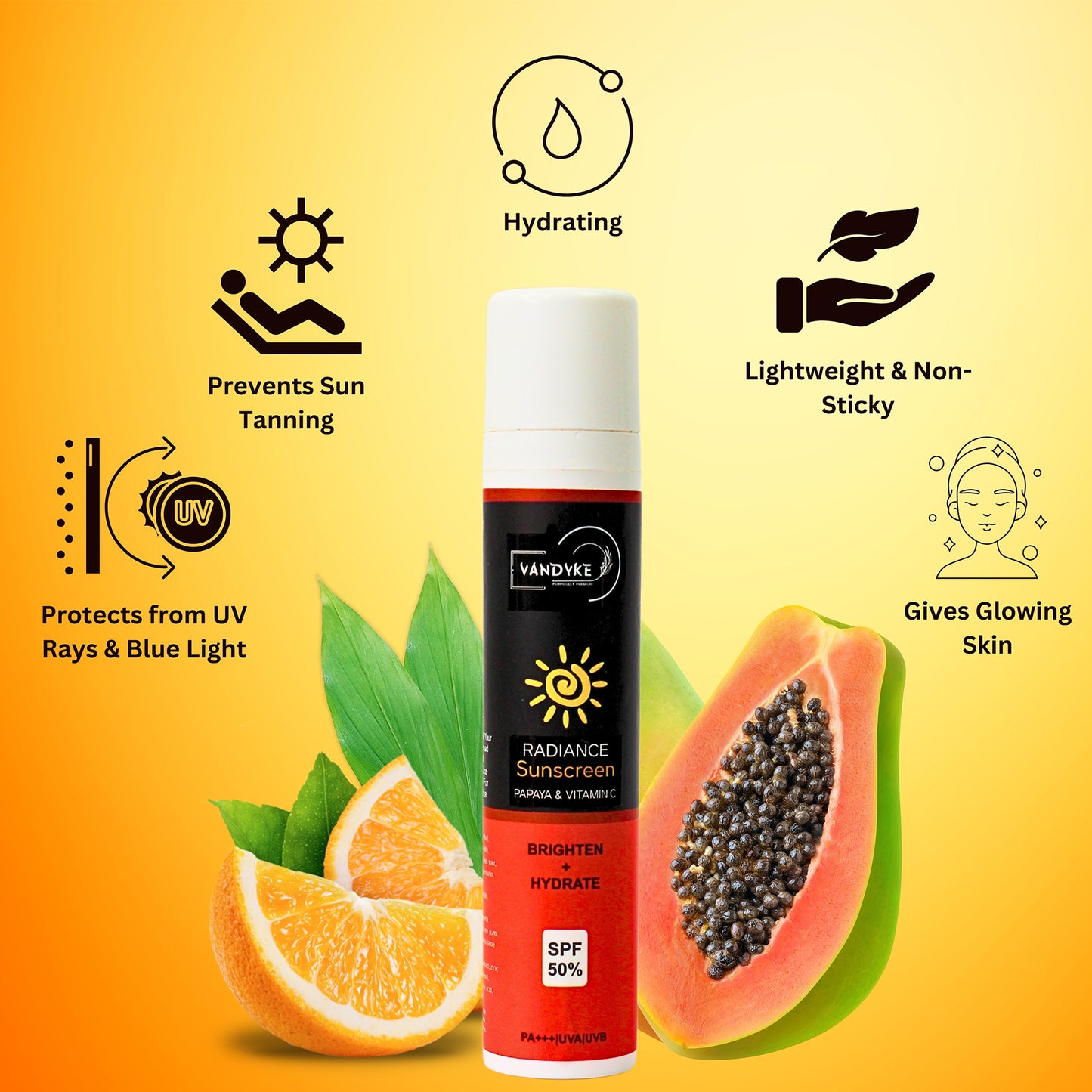 Vandyke Radiance Sunscreen With Papaya & Vitamin C SPF 50 PA+++, 50gm