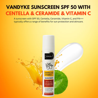 Vandyke Sunscreen SPF 50 PA+++ Cream with Centella & Ceramide & Vitamin C, 50gm