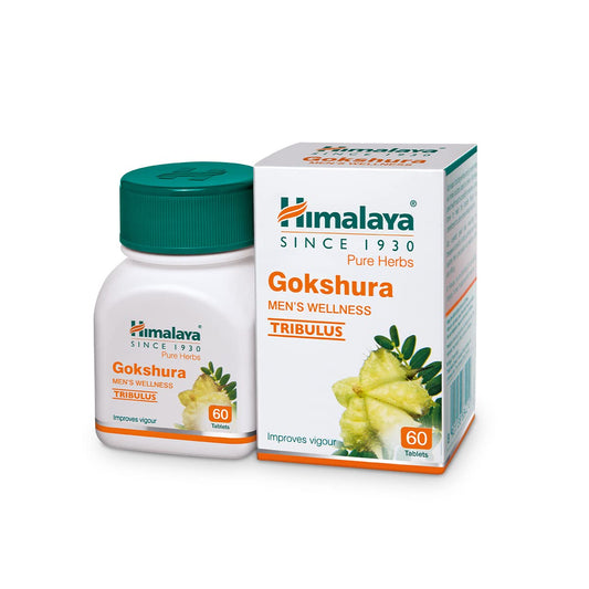 Packaging of Himalaya Wellness Gokshura, showing a green and white bottle with 60 tablets and a nearby box with the same design.