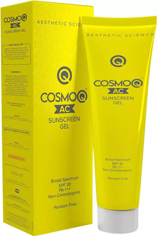 Cosmo AC Sunscreen Gel packaging with tube and box on a white background