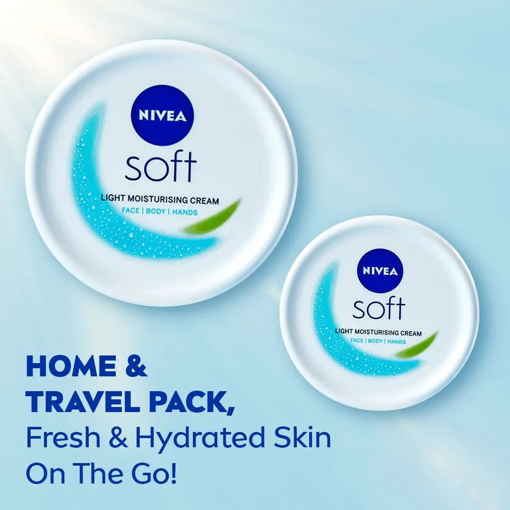Two NIVEA soft light moisturising cream containers on a light blue background with text about home and travel pack.