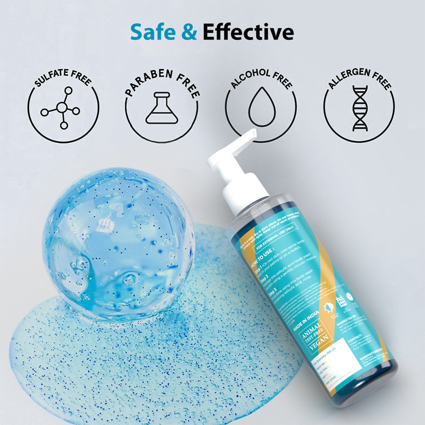 Vandyke 1% 水杨酸沐浴露可预防身体痤疮 不含苯甲酸酯和 SLS 沐浴露，250ml