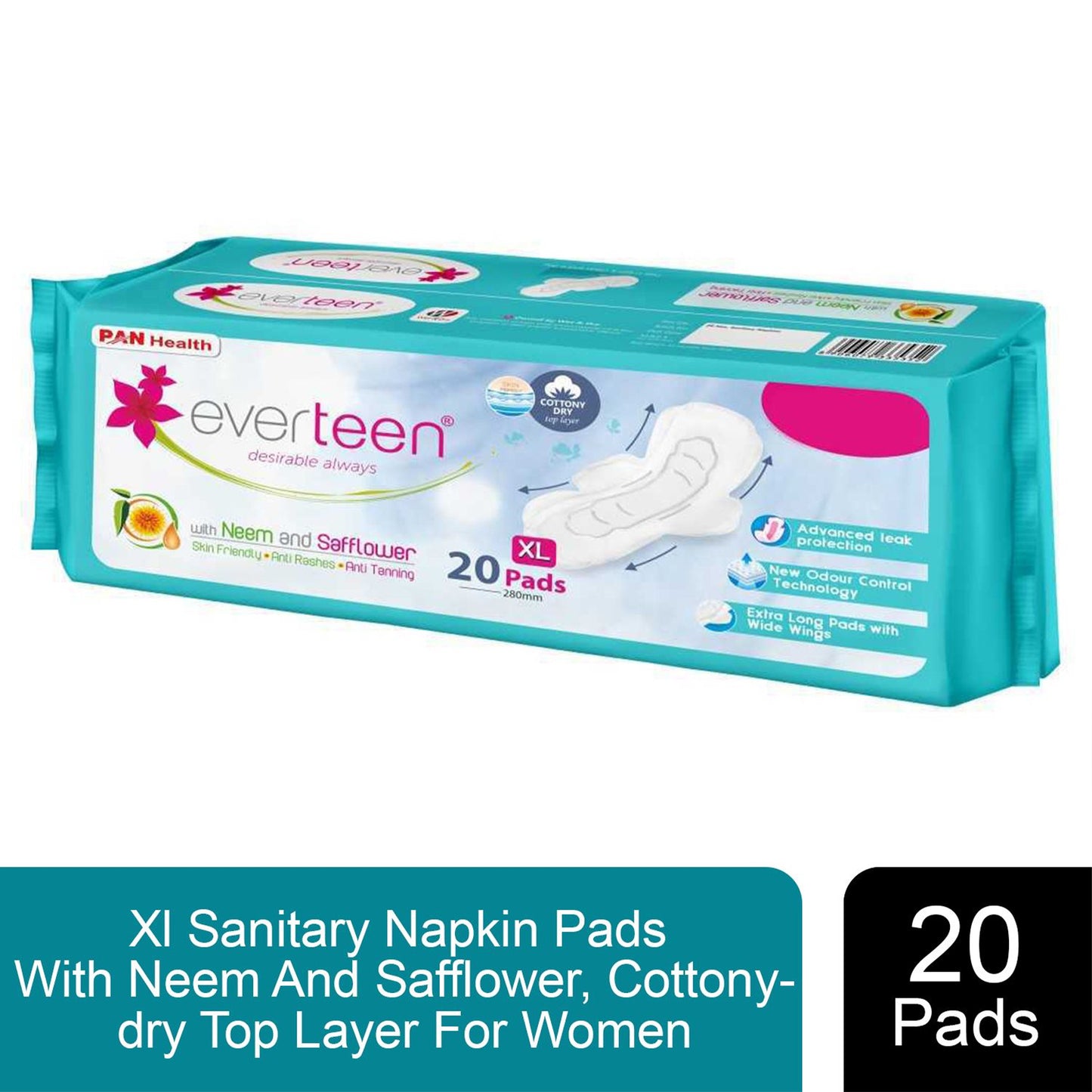everteen XL Sanitary Napkin Pads with Neem and Safflower Cottony-Dry Top Layer, 40 Pieces