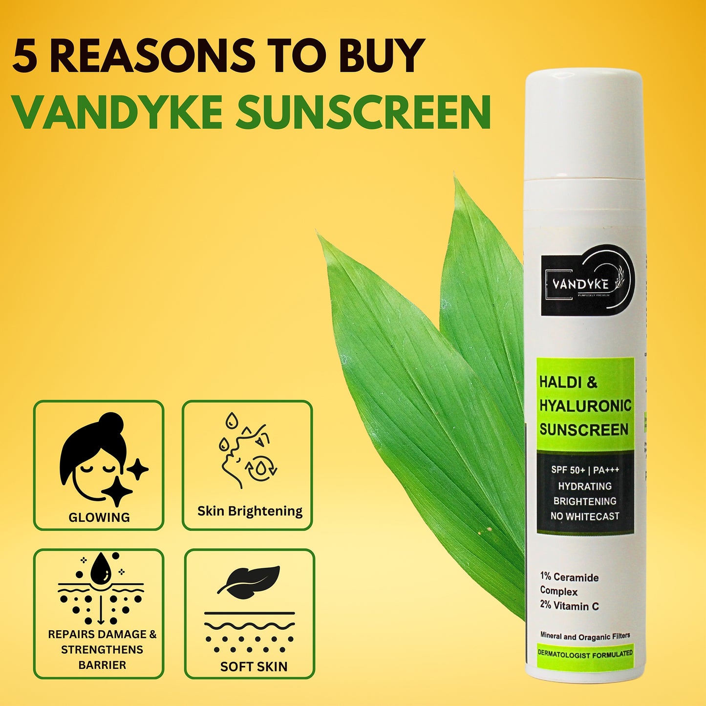 Vandyke Haldi & Hyaluronic Acid Sunscreen with 1% Hyaluronic Acid & Ceramide Complex & Vitamin C, 50gm