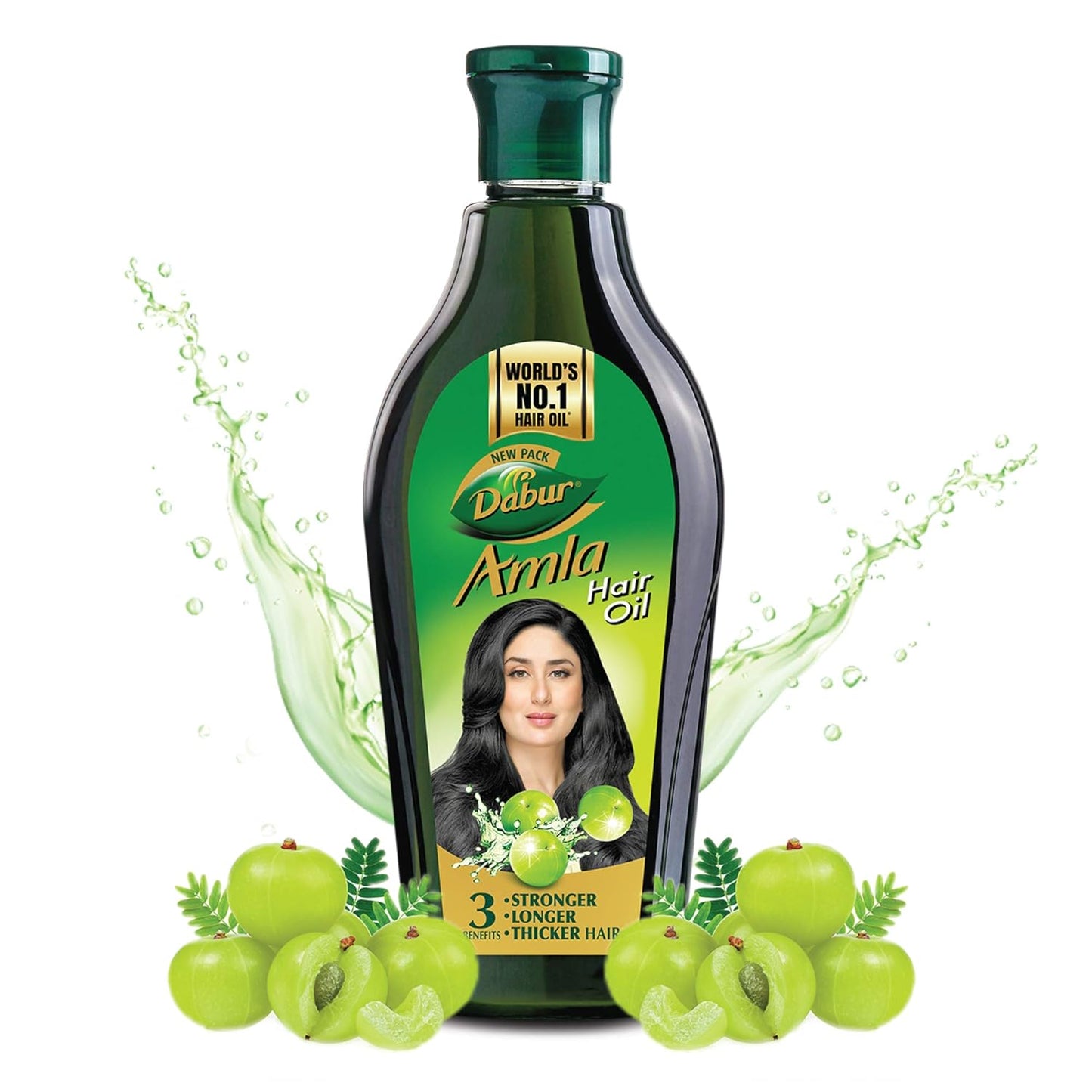 Bottle of Dabur Amla hair oil with a woman's face on the label, surrounded by green fruits on a white background.