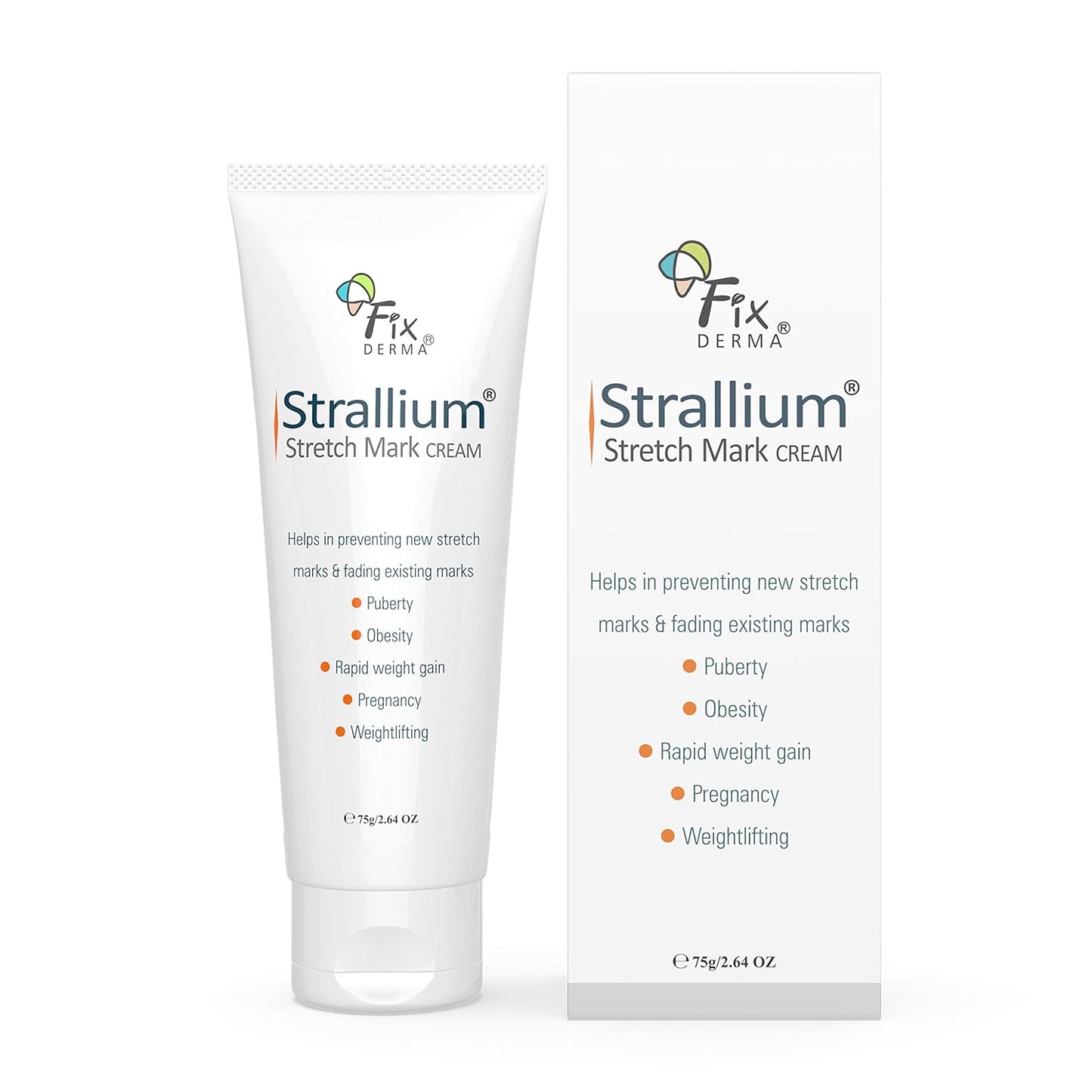 Strallium stretch mark cream with packaging on a white background