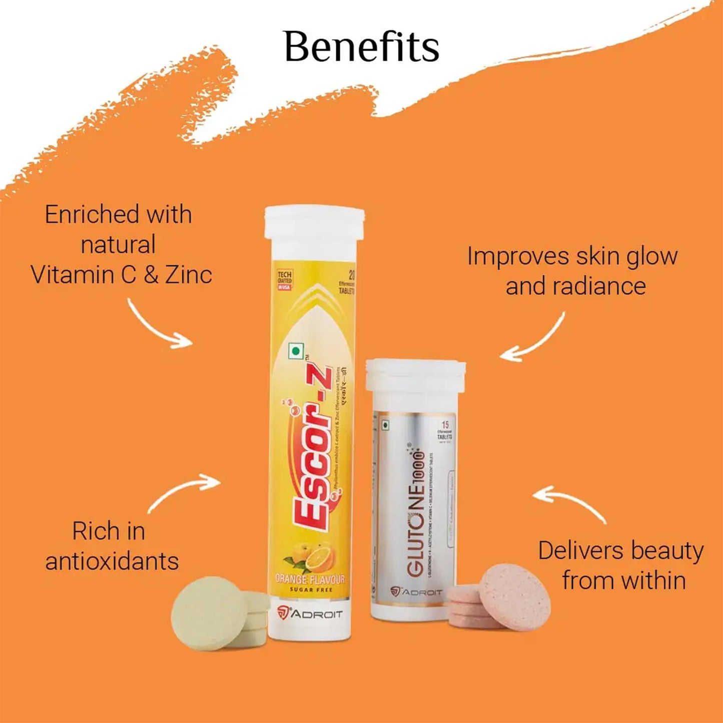 Skin Glow Combo Glutone 1000 with Escor Z (Orange Flavour) - Pack Of 4