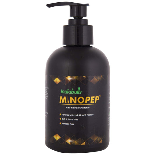 Black shampoo bottle with pump labeled 'IndiBulls Minopep' on a white background