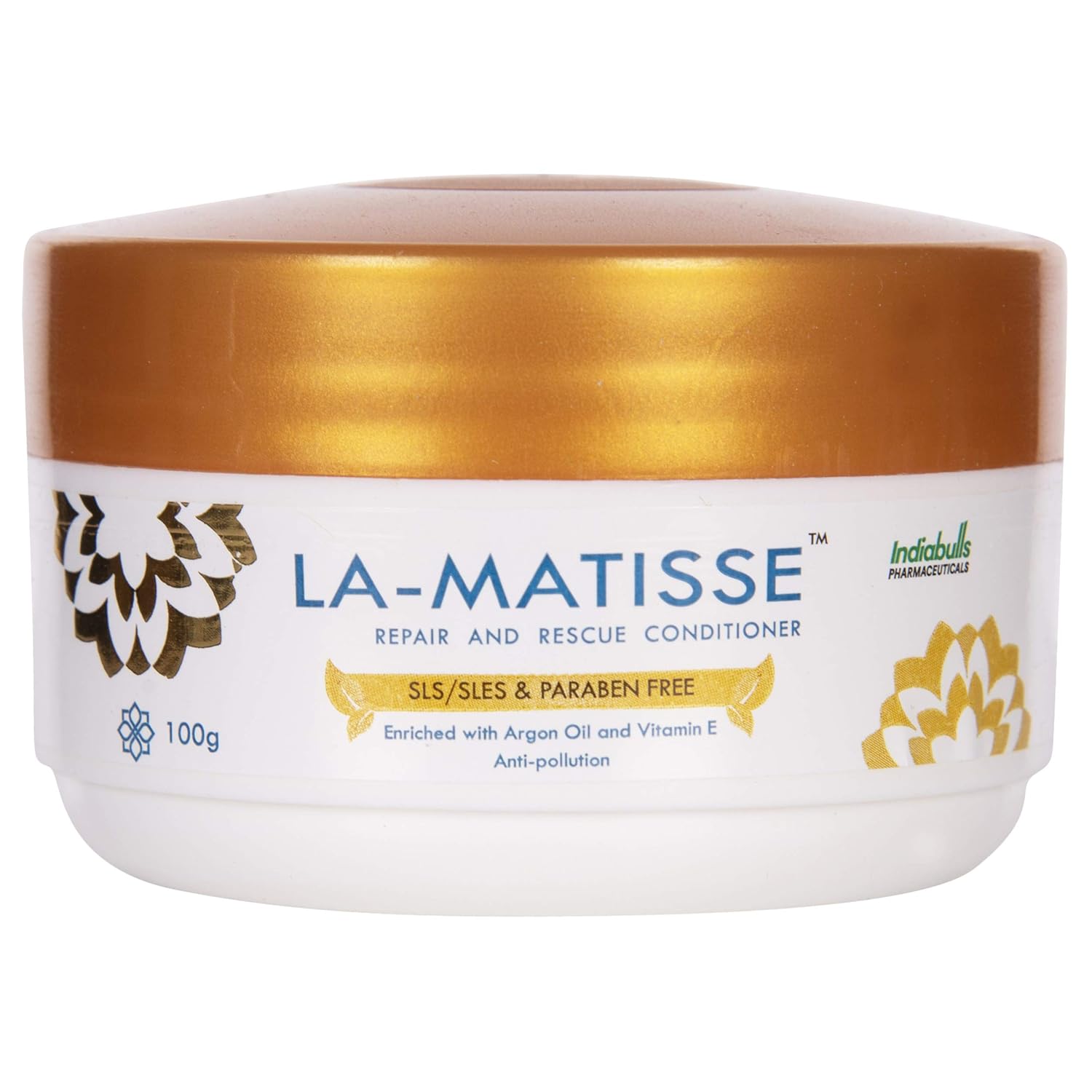 La-Matisse hair care product jar with gold lid on a white background