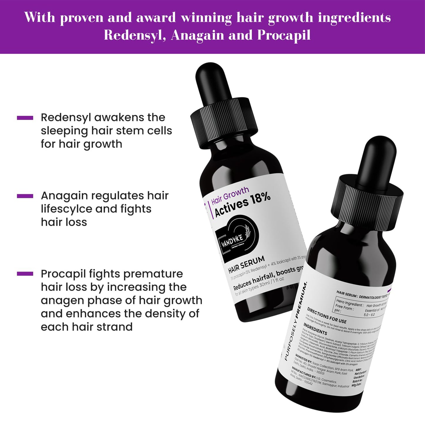 Vandyke 18% Hair Growth Actives Serum Procapil, Capilia Longa, Redensyl & Baicapil, 30ml