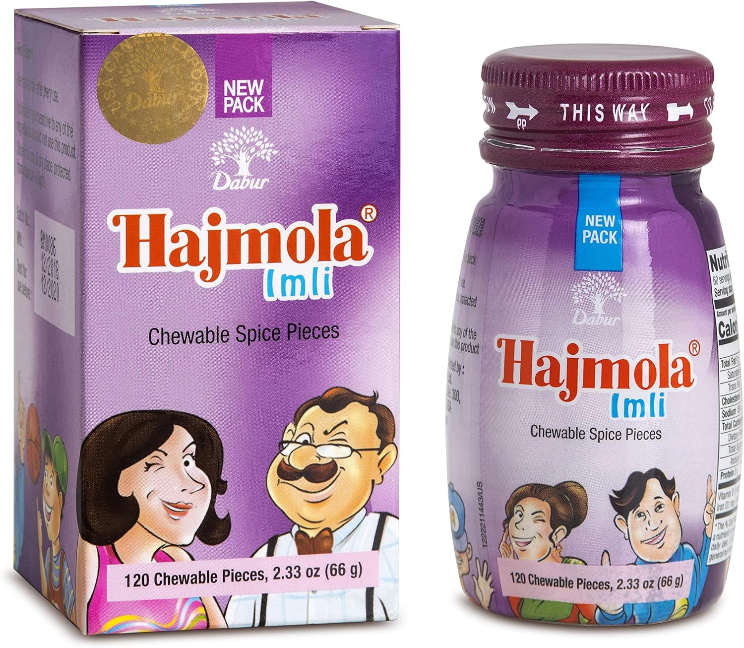 Hajmola lmi chewable spice pieces packaging and bottle on a white background