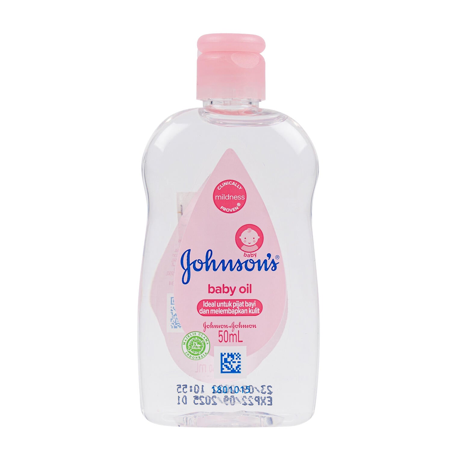 Johnson's baby oil bottle with pink cap on a white background