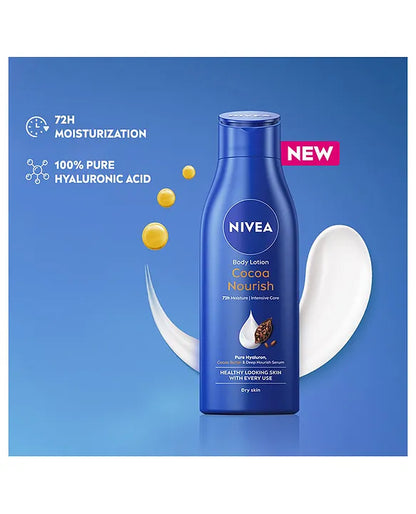 NIVEA Cocoa Nourish body lotion bottle on a blue background with product features highlighted.