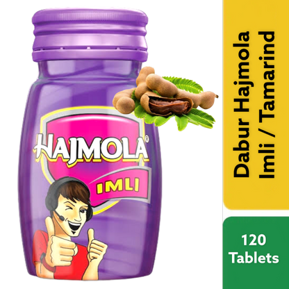 Purple bottle of Hajmola Imli with a cartoon character and tamarind illustration on a yellow and green background.