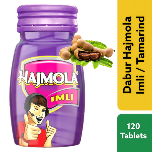 Purple bottle of Hajmola Imli with a cartoon character and tamarind illustration on a yellow and green background.