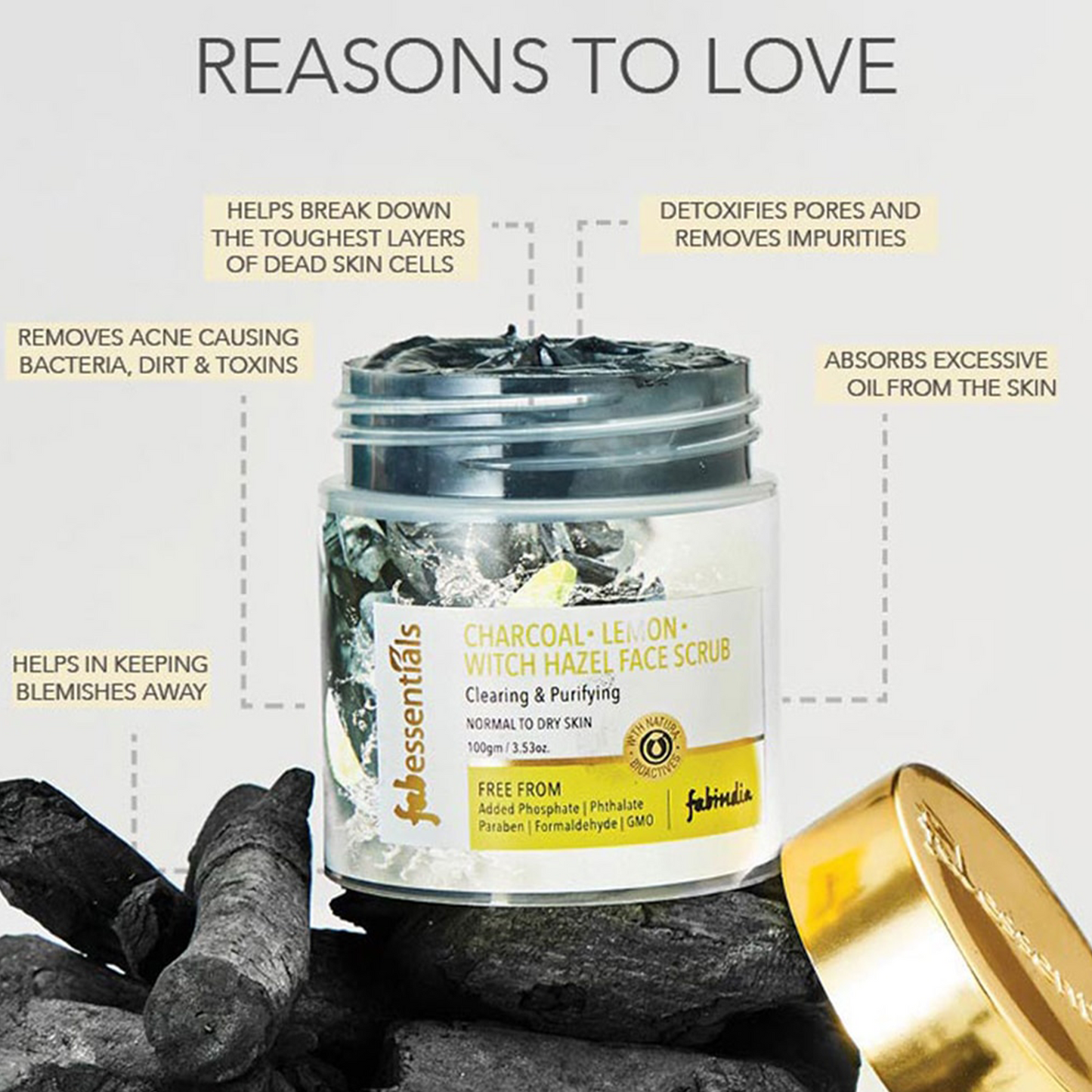 Fabessentials Charcoal Lemon Witch Hazel Face Scrub with Activated Bamboo Charcoal & Walnut Shell Powder, 100gm