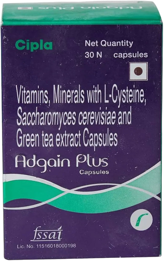 Front view of a Cipla Adgain Plus capsules box, containing 30 N capsules. The packaging is primarily dark purple with a teal-green top and bottom border, and a teal-green wavy graphic near the bottom.