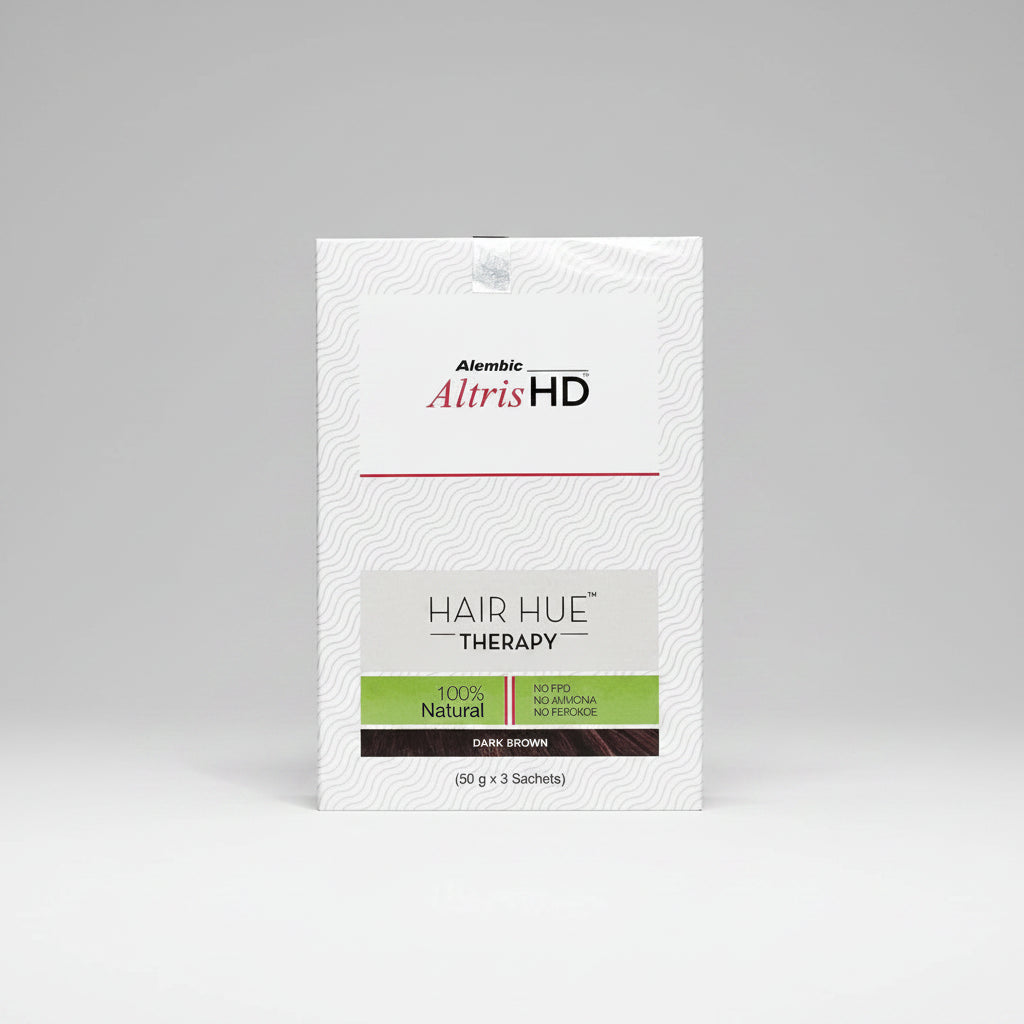 A package of Alembic Altris HD Hair Hue Therapy in Dark Brown, containing 50 g (3 sachets), shown against a plain white background.
