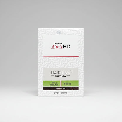 A package of Alembic Altris HD Hair Hue Therapy in Dark Brown, containing 50 g (3 sachets), shown against a plain white background.