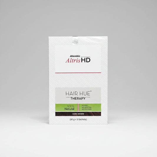 A package of Alembic Altris HD Hair Hue Therapy in Dark Brown, containing 50 g (3 sachets), shown against a plain white background.