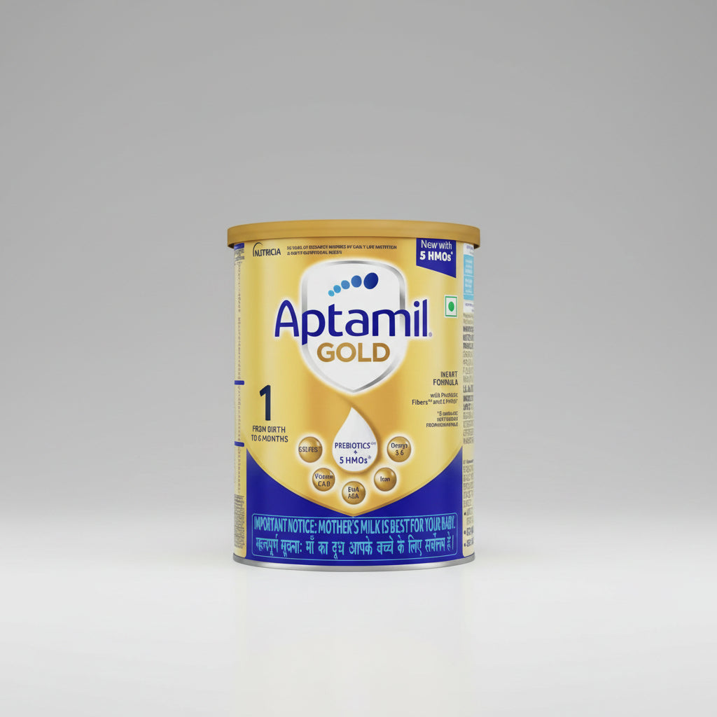 Aptamil Gold Stage 1 Infant Formula powder canister, featuring a gold and white design with blue branding and text, on a plain white background.