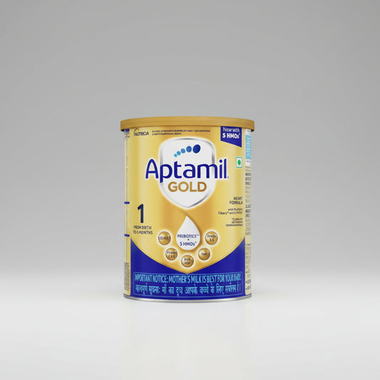 Aptamil Gold Stage 1 Infant Formula powder canister, featuring a gold and white design with blue branding and text, on a plain white background.