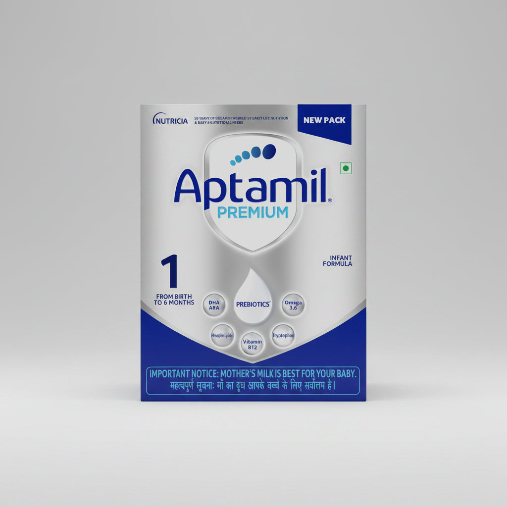 Aptamil Premium Infant Formula Stage 1 powder box, 1 kg pack, featuring blue and white packaging with Nutricia branding.