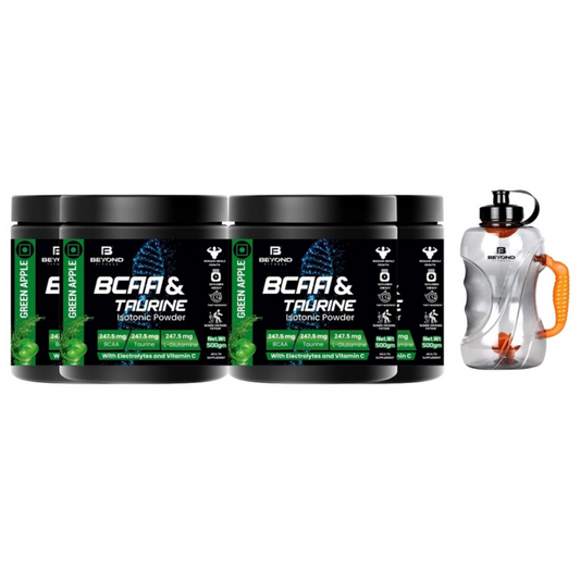 Beyond Fitness BCAA & TAURINE Isotonic Energy Drink Powder, 500gm (Pack of 4) with 1.5 Gallon Bottle