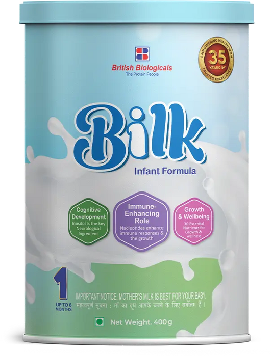 Bilk Infant Formula container with British Biologicals logo on a white background