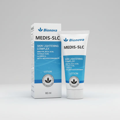 Bionova MEDIS-SLC Skin Lightening Complex Lotion shown as a white and blue squeeze tube next to its matching retail box, with a clean white background.