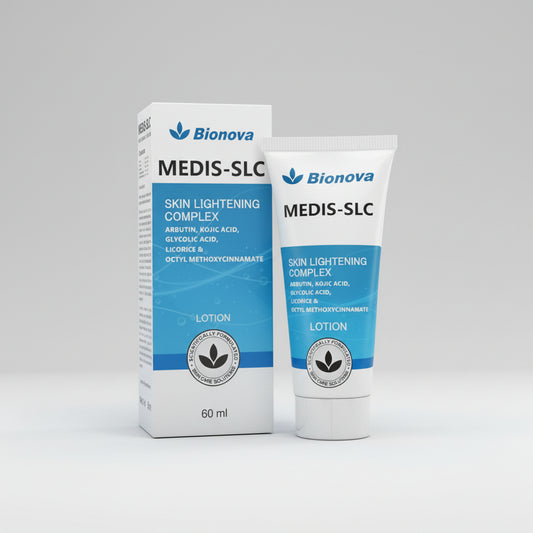 Bionova MEDIS-SLC Skin Lightening Complex Lotion shown as a white and blue squeeze tube next to its matching retail box, with a clean white background.