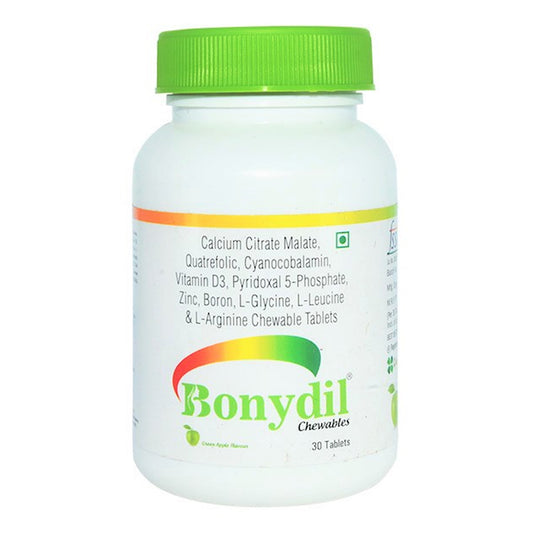 A container of Bonydil chewables with green apple flavor, showing the label with various ingredients and the brand name.