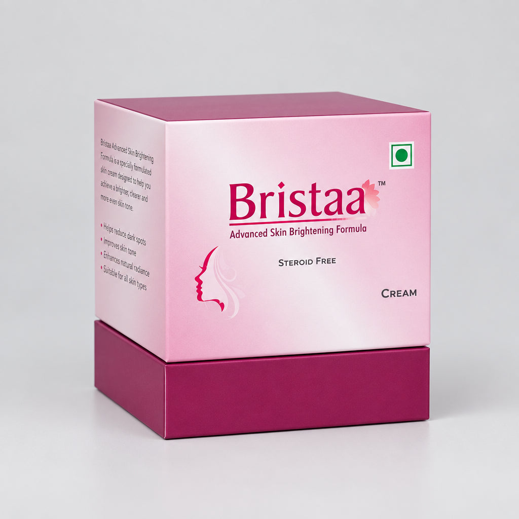 Bristaa Advanced Skin Brightening Formula cream box, featuring a pink and magenta color scheme with the brand name 'Bristaa' printed in red on the front.