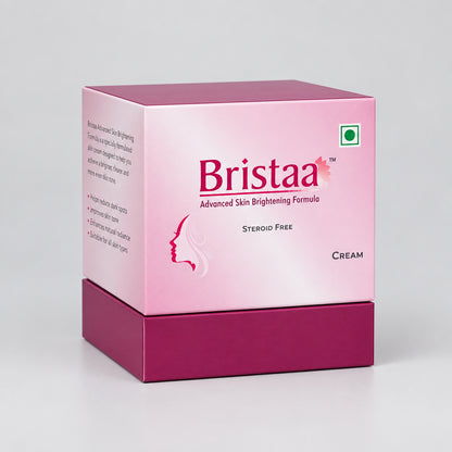 Bristaa Advanced Skin Brightening Formula cream box, featuring a pink and magenta color scheme with the brand name 'Bristaa' printed in red on the front.