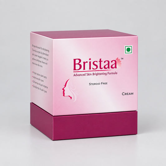 Bristaa Advanced Skin Brightening Formula cream box, featuring a pink and magenta color scheme with the brand name 'Bristaa' printed in red on the front.