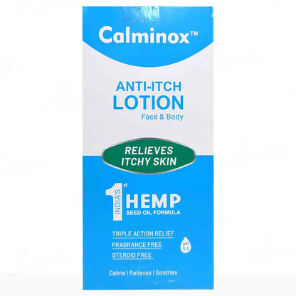 Calminox anti-itch lotion packaging with blue and white design.