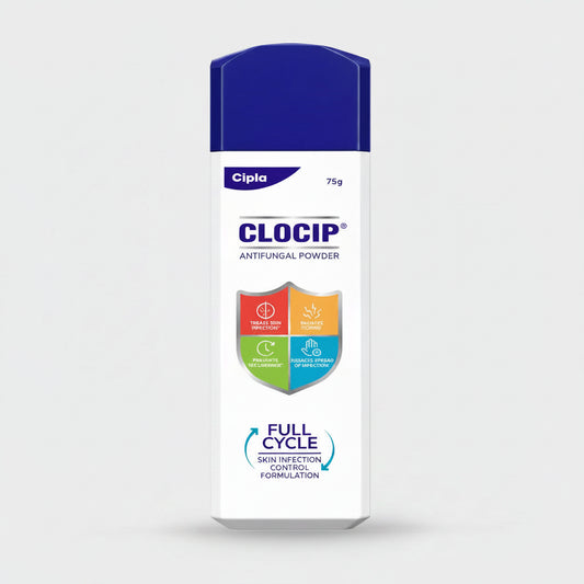 A white bottle of Cipla Clocip Antifungal Powder with a dark blue cap, shown on a clean white background with a soft shadow.