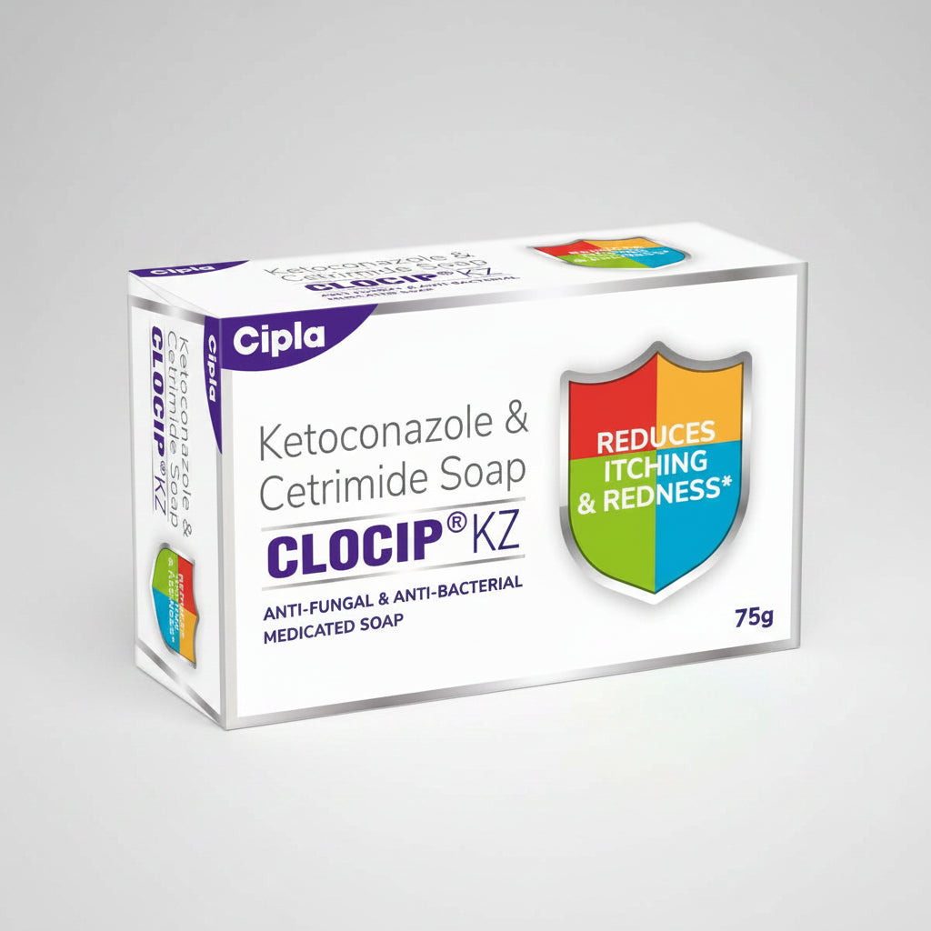 Cipla Clocip KZ Ketoconazole & Cetrimide Soap 75g box, featuring a white packaging design with purple branding and a colorful shield graphic.