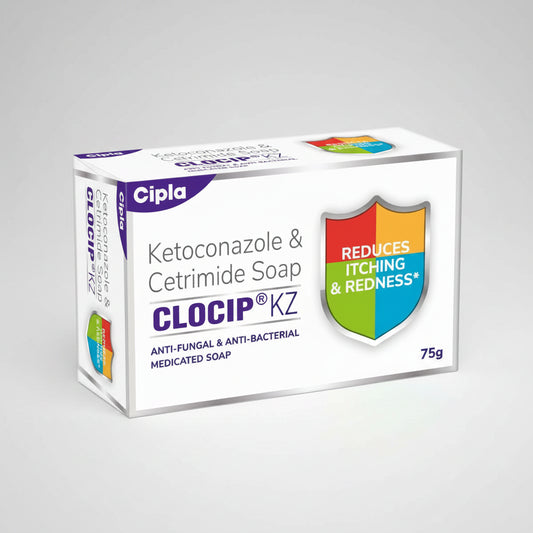 Cipla Clocip KZ Ketoconazole & Cetrimide Soap 75g box, featuring a white packaging design with purple branding and a colorful shield graphic.
