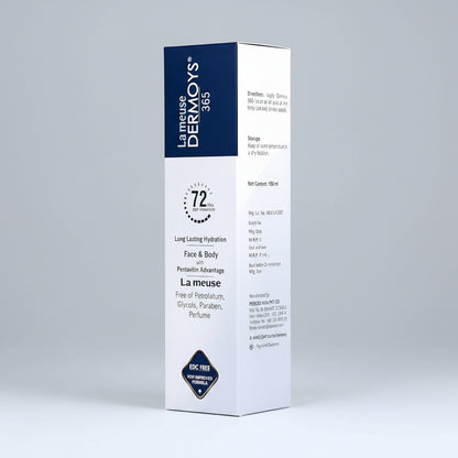 La meuse DERMYS 365 Face & Body long lasting hydration packaging box, featuring a white and navy blue design with product details and a 72 hours mark on a blue and white patterned background.