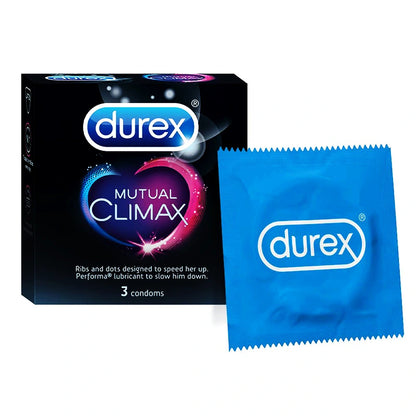 Durex Mutual Climax packaging and a single condom on a white background