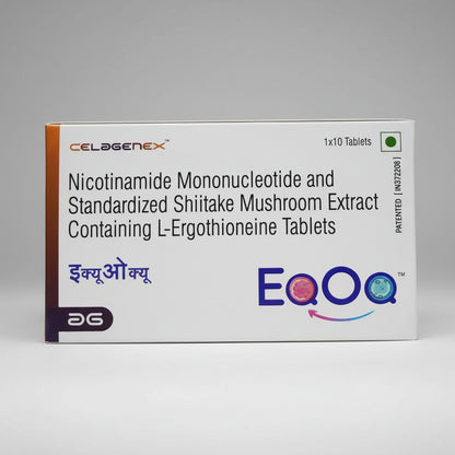 A white rectangular medicine box for Celagenex EqOq tablets, featuring black text and colorful brand logos, photographed on a plain white background.