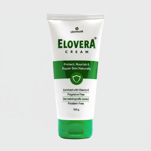 A 150g squeeze tube of Glenmark Elovera Cream, featuring a white tube with green text and a green cap, set against a light gray background.