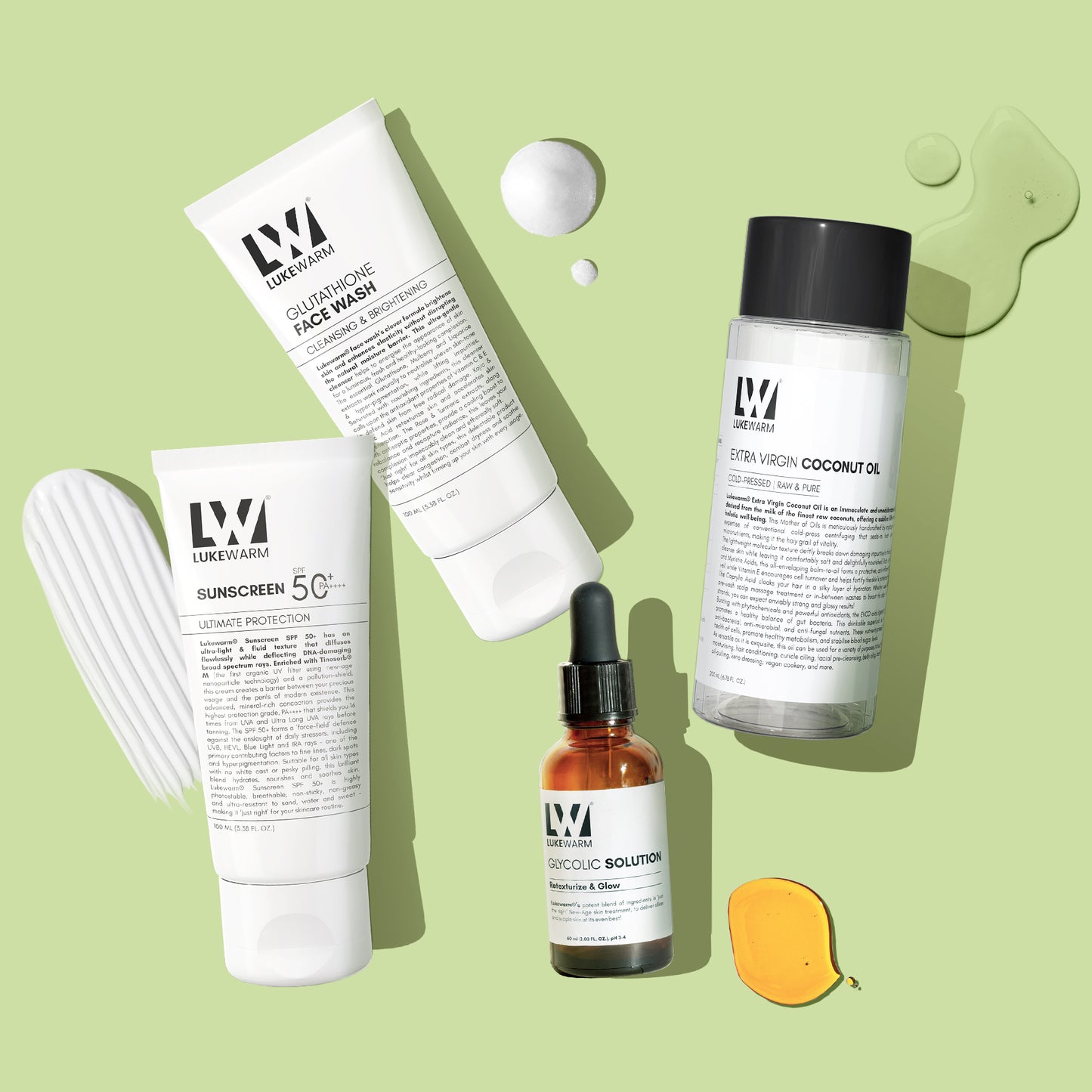Lukewarm Face Wash, Sunscreen, Extra Virgin Coconut Oil & Glycolic Solution : Your Complete Skin Care Pack for the Lit-from-Within Radiant Skin